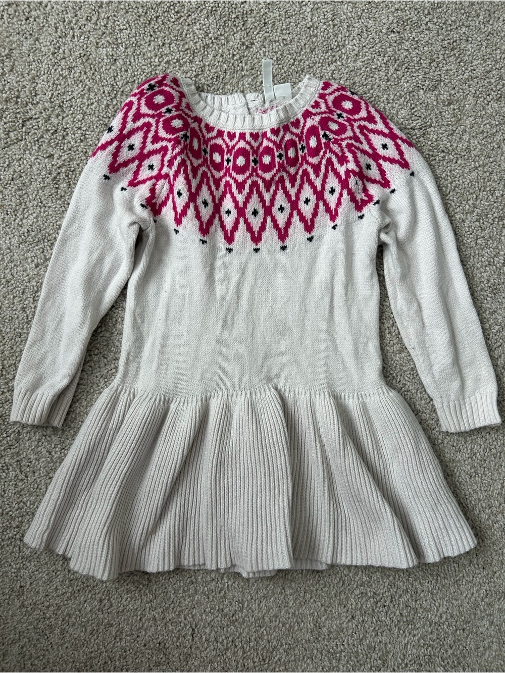 Janie and Jack Cream Knit Dress with Pink Fair Isle Yoke